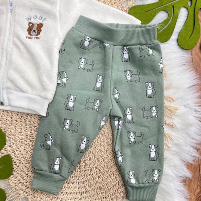 Conj. Jaqueta de Plush Woof for You e Calça de Moletom - Off White e Verde